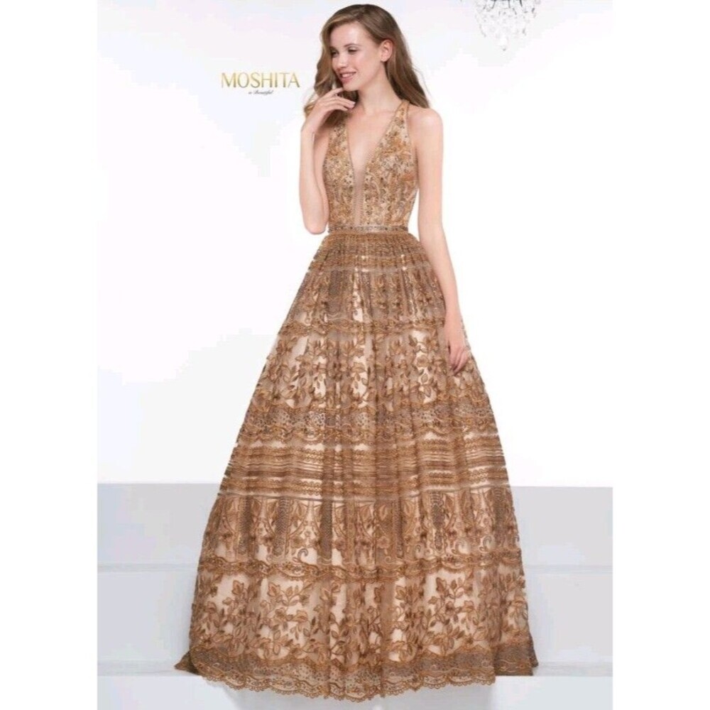 Colors Couture Champagne Gold Lace Beaded Prom Pageant Wedding Gown Dress Sz 6